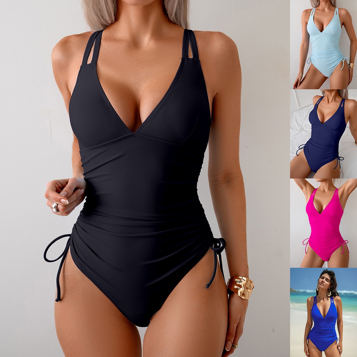 Swimsuit Bikini Ruched - Costume da bagno intero nero tinta